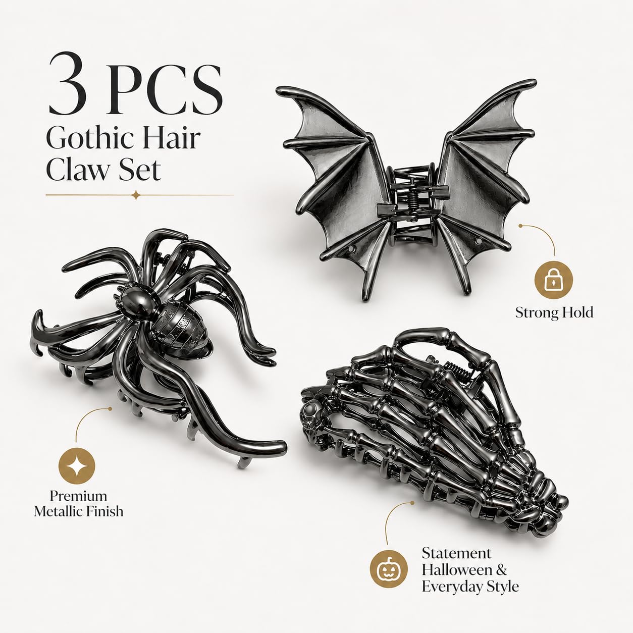 Parcce 3 PCS Gothic Hair Claw Clips for Women, Metallic Black Bat Spider Skeleton Hand Hair Clips, Strong Hold Halloween Hair Accessories for Thick Thin Hair, Costume Party Everyday Styling Gifts