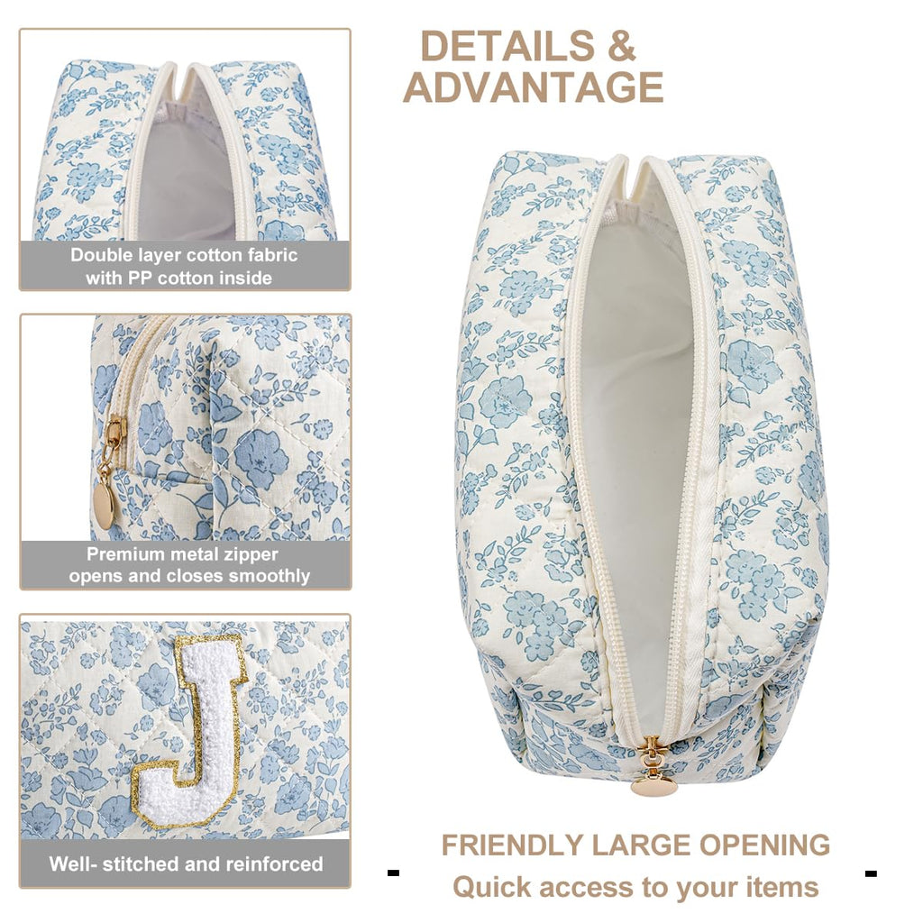 Gleyemor Personalized Initial Makeup Bag for Women, Cute Quilted Blue Floral Cotton Cosmetic Bag, Christmas Gifts for Her Mom Friend Sister Bridesmaid Teacher Women J