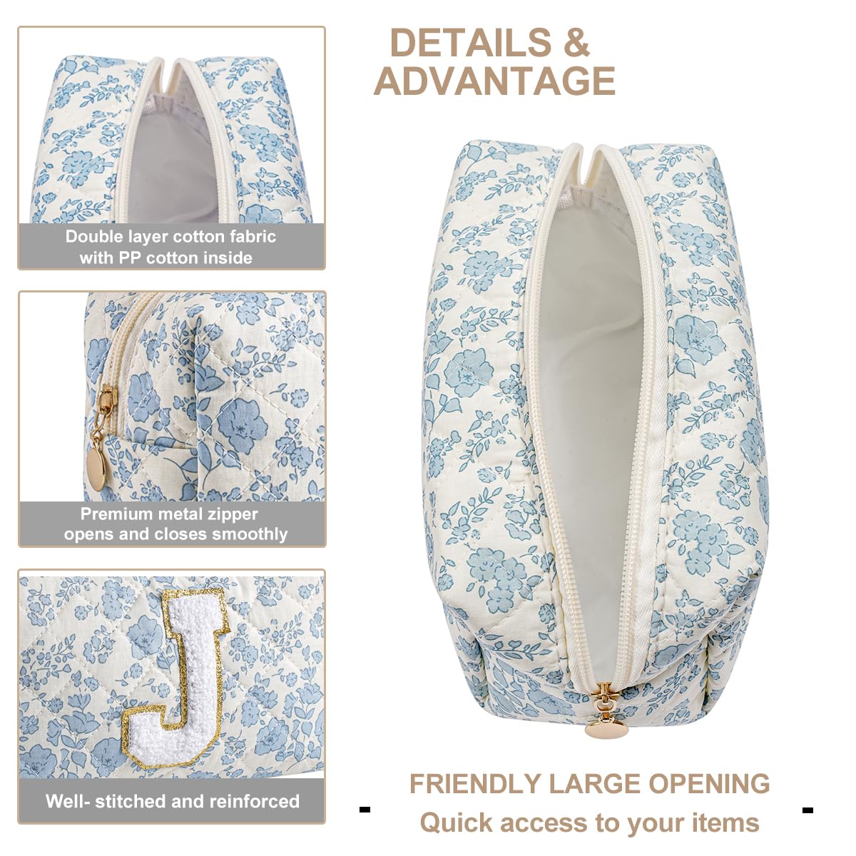 Gleyemor Personalized Initial Makeup Bag for Women, Cute Quilted Blue Floral Cotton Cosmetic Bag, Christmas Gifts for Her Mom Friend Sister Bridesmaid Teacher Women J