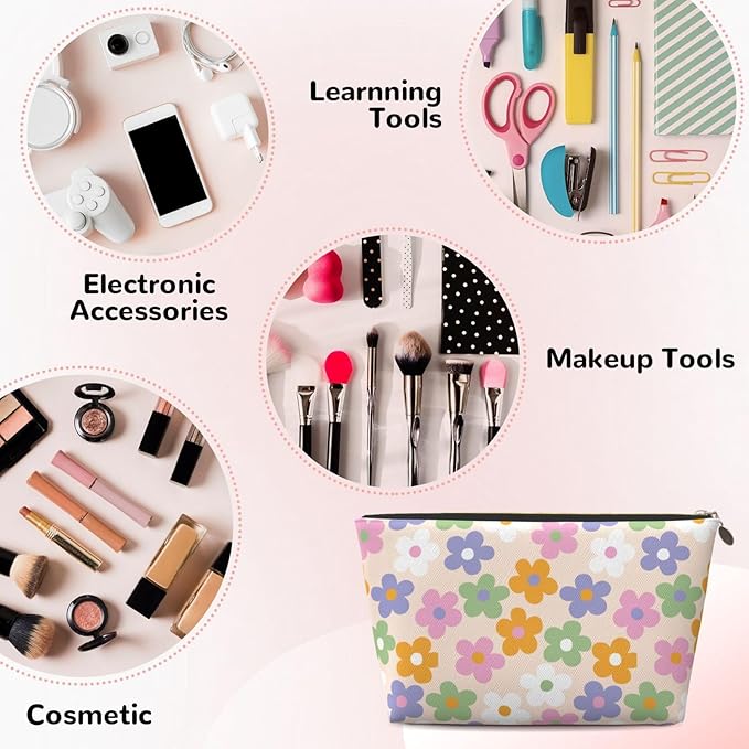 BEIANSHUO Cute Flowers Floral Small Makeup Bag for Women - Leather Travel Cosmetic Bag Make Up Pouch Mini Travel Zipper Pouch - Makeup Organizer Bag