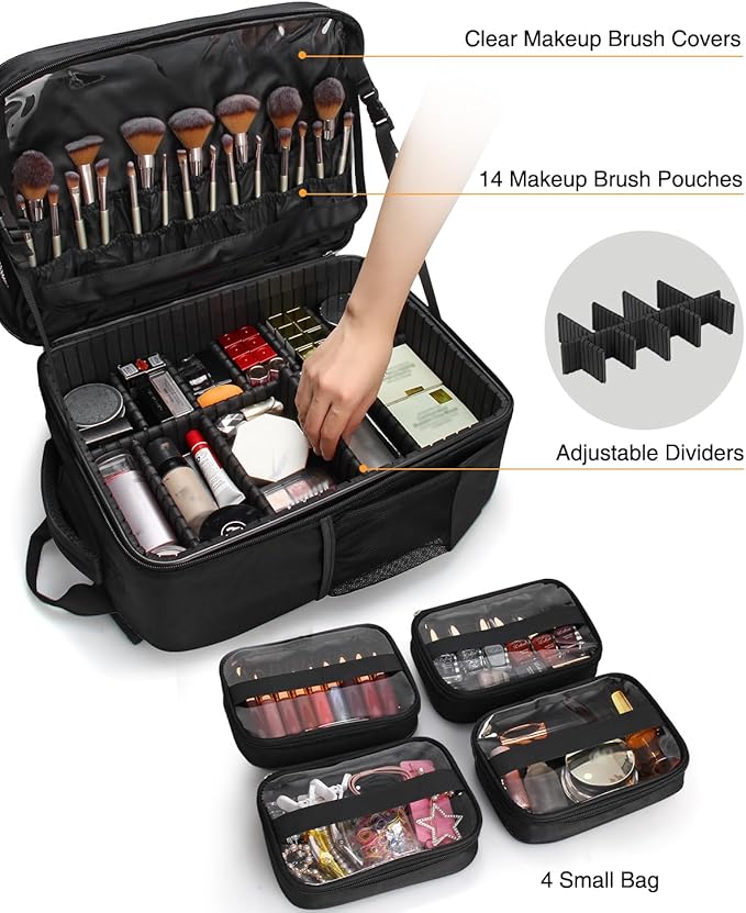 TANTO Makeup Backpack, Makeup Artist Bag Professional Cosmetic Bag with 4 Bag Extra Large Travel Train Case Double-Layer Make up Storage Organizer Cosmetic Brush Case with Adjustable Divider (Black