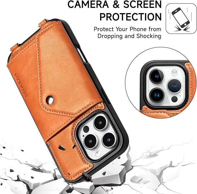 LUCKYCOIN Crossbody Phone Case for iPhone 16 Pro,100% Genuine Leather Phone Wallet Case for Women, Premium Hands-Free Phone Purse with Expandable Flip Card Holder & Adjustable Strap - Retro Brown