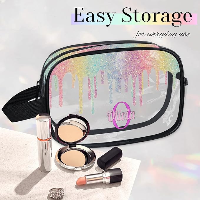 KFNHN Personalized Name Makeup Bag, Custom Women Transparent PVC Cosmetic Travel Toiletry Bag Pouch Organizer for Vacation Weekend Colorful Rainbow Sequins Water Fluid Shape