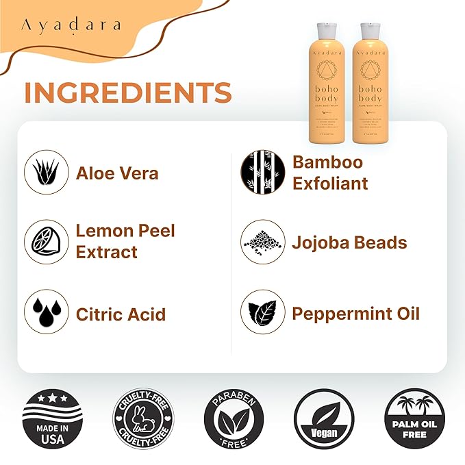 AYADARA Boho Body Acne Body Wash, 8oz, Back Acne, Body Wash With Hydrating Aloe Vera that Hydrates Skin, Wash for Sensitive Skin Men and Women, 50+ Uses