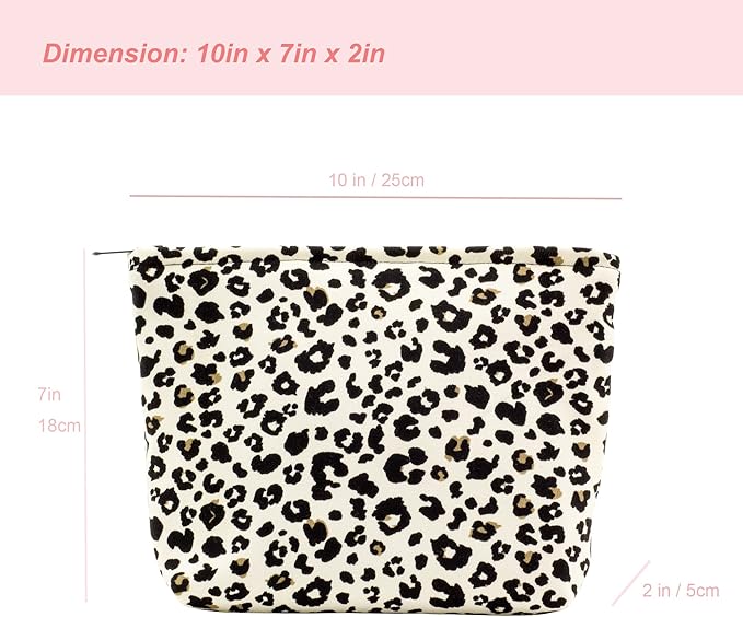 Flat Makeup Bag for Women,Zipper Cosmetic Pouch for Purse,Leopard Ivory