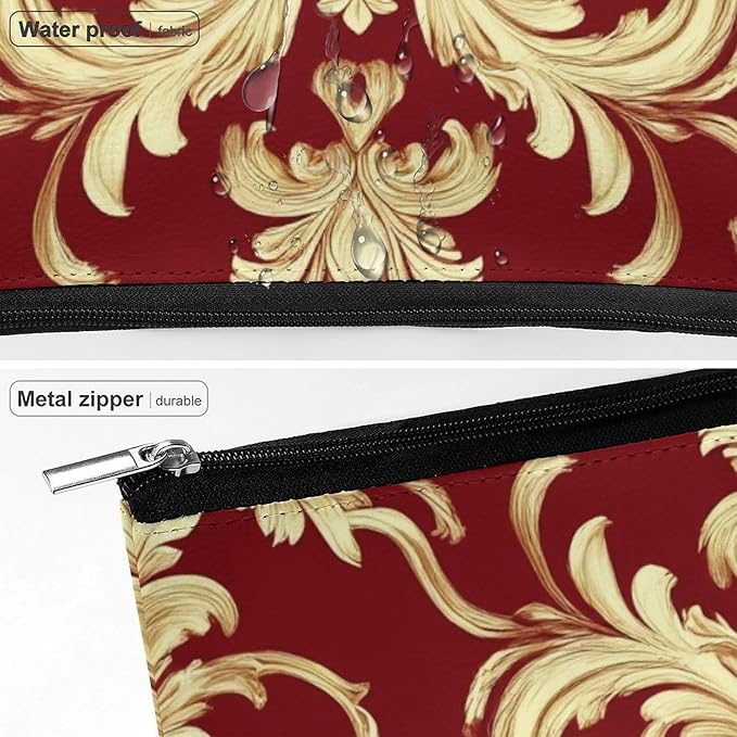 Meaudiwes Fashion Zipper Cosmetic Case, Portable Makeup Case, Personality Toiletry Bag, Travel Cosmetic Toiletry Bag Flower Red Gold Floral Classy Burgundy Antique
