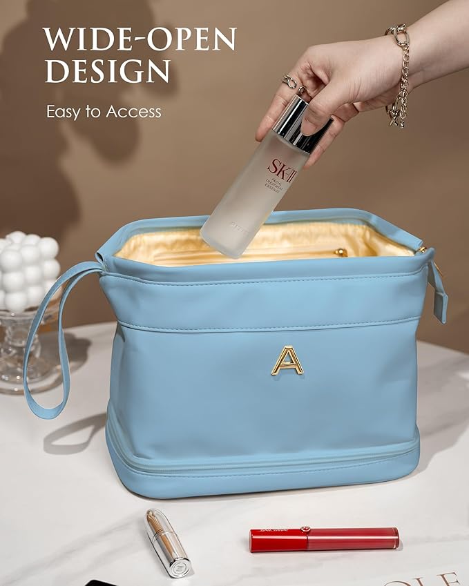 Monogrammed Gift for Women Girls, Initial Makeup Bag, Personalized Double Layer Cosmetic Bag with Makeup Brush Organizer, Large Capacity PU Leather Travel Toiletry Bag, Sister Gifts