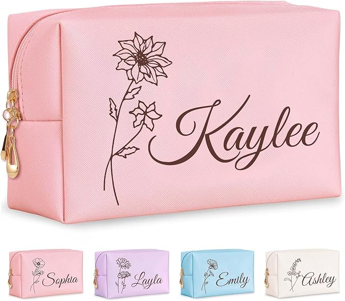 Fincekoom Personalized Makeup Bag with Name & Birth Flower, Custom Leather Cosmetic Bags for Women, Customized Travel Toiletry Bag Gifts for Bridesmaid Wedding