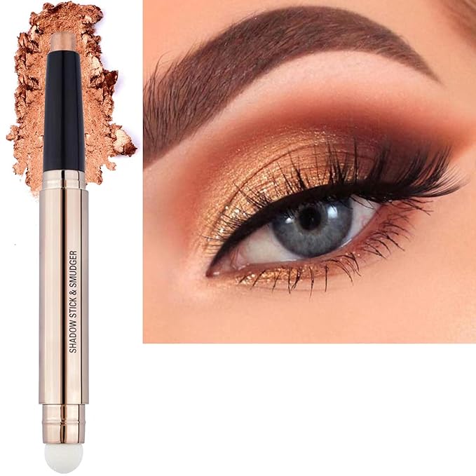 Qeetvia Champagne Eyeshadow Stick Makeup, Long-Lasting Waterproof Eye Shadow Pencil, Hypoallergenic Smudge-Proof Glitter Primer Palette Shimmer Eyeliner, Easy to Blend Eye Make Up