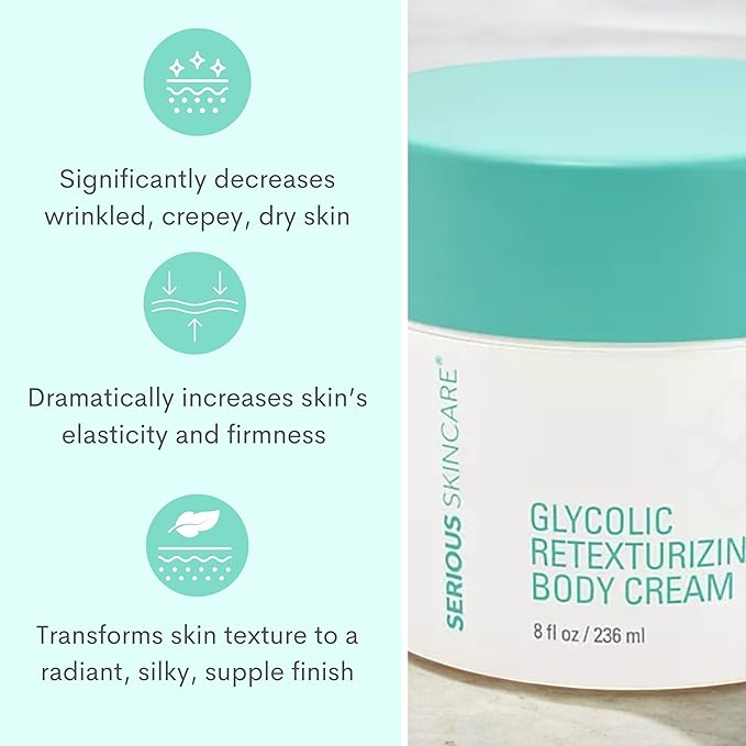 Serious Skincare, Glycolic Firming Retexturizing Body Cream with BODY FIT™, Moisturizing Lotion for Dry Skin, for Loose Crepey Skin Arms, Legs, Belly, Gentle Exfoliation for Smooth & Glowing Skin 8 Oz