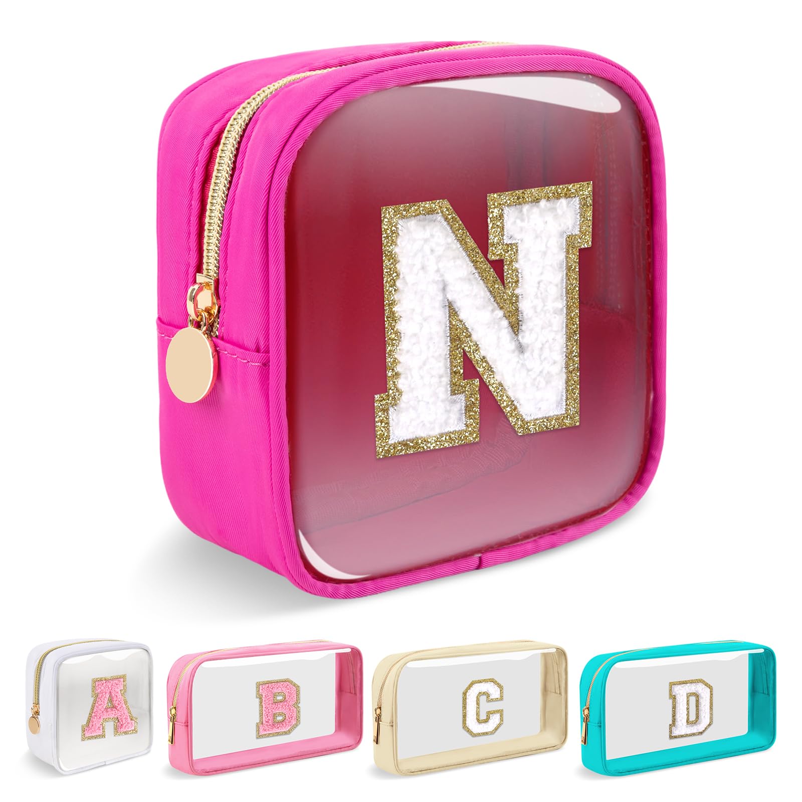 Mini Clear Personalized Initial Makeup Bag,Nylon Preppy A-Z Chenille Letter Patch Zipper Cosmetic Bag, Small Cute Beach Pouch Travel Purse Sanitary Napkin Storage Bag for Women Girls(Hot Pink-White N)