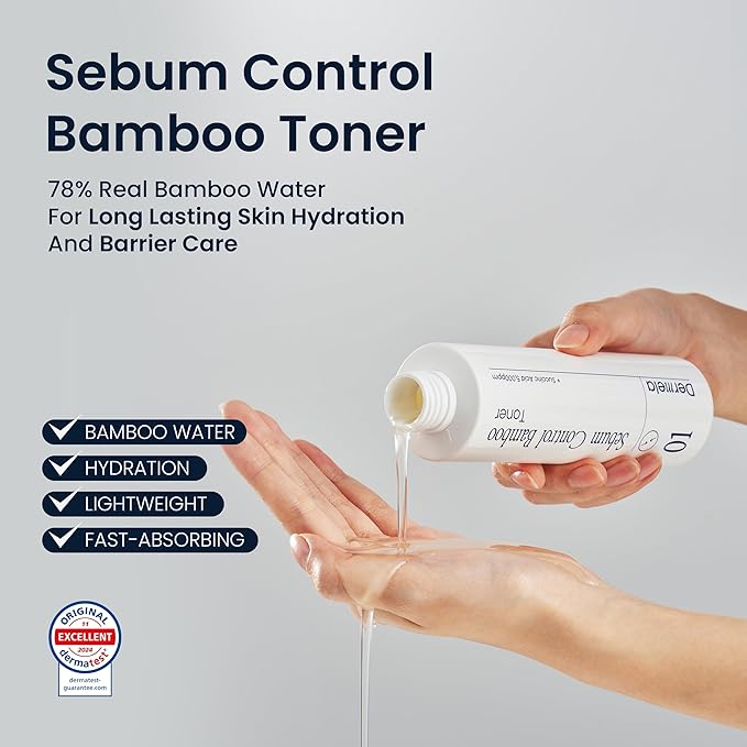 Dermela Sebum Control Bamboo Toner, 78% Bamboo Water with Niacinamide, Hyaluronic & Succinic Acids, Oil & Pore Control, 6.76 fl oz (200 mL) | Korean Toner for Oily, Combination & Sensitive Skin