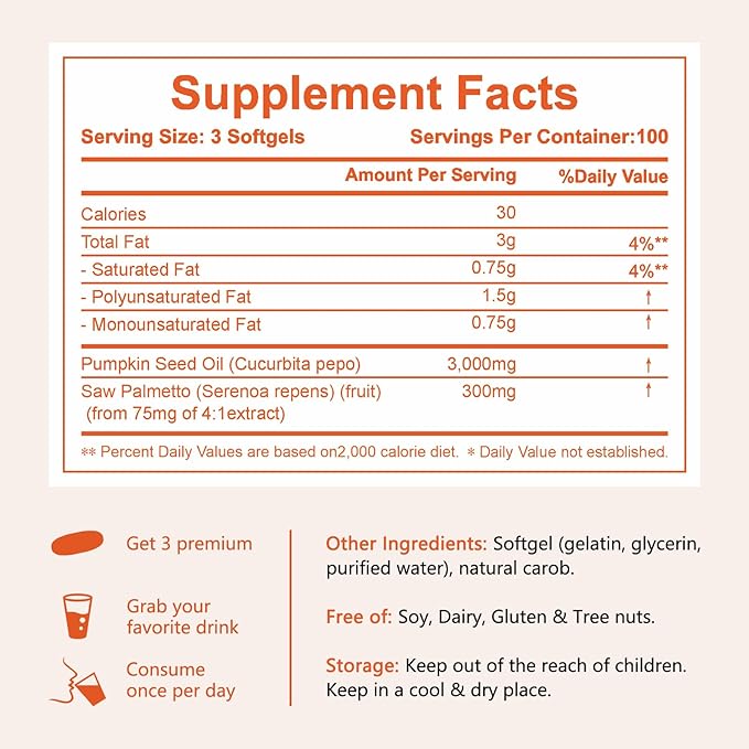 Pumpkin Seed Oil with Saw Palmetto, 3000mg Per Serving, 300 Softgels | Cold Pressed, Pure Virgin Oil, Essential Fatty Acids & Phytosterols