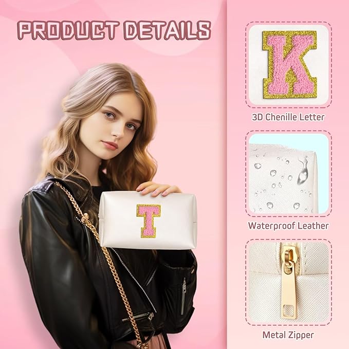 TOPEAST Preppy Stuff Cute Makeup Bag Small Cosmetic Bag Travel Toiletry Bag, Personalized Birthday Wedding Gifts for Mom Teacher Friends Bridesmaids, Preppy Travel Stuff for Girls (Pearly White N)