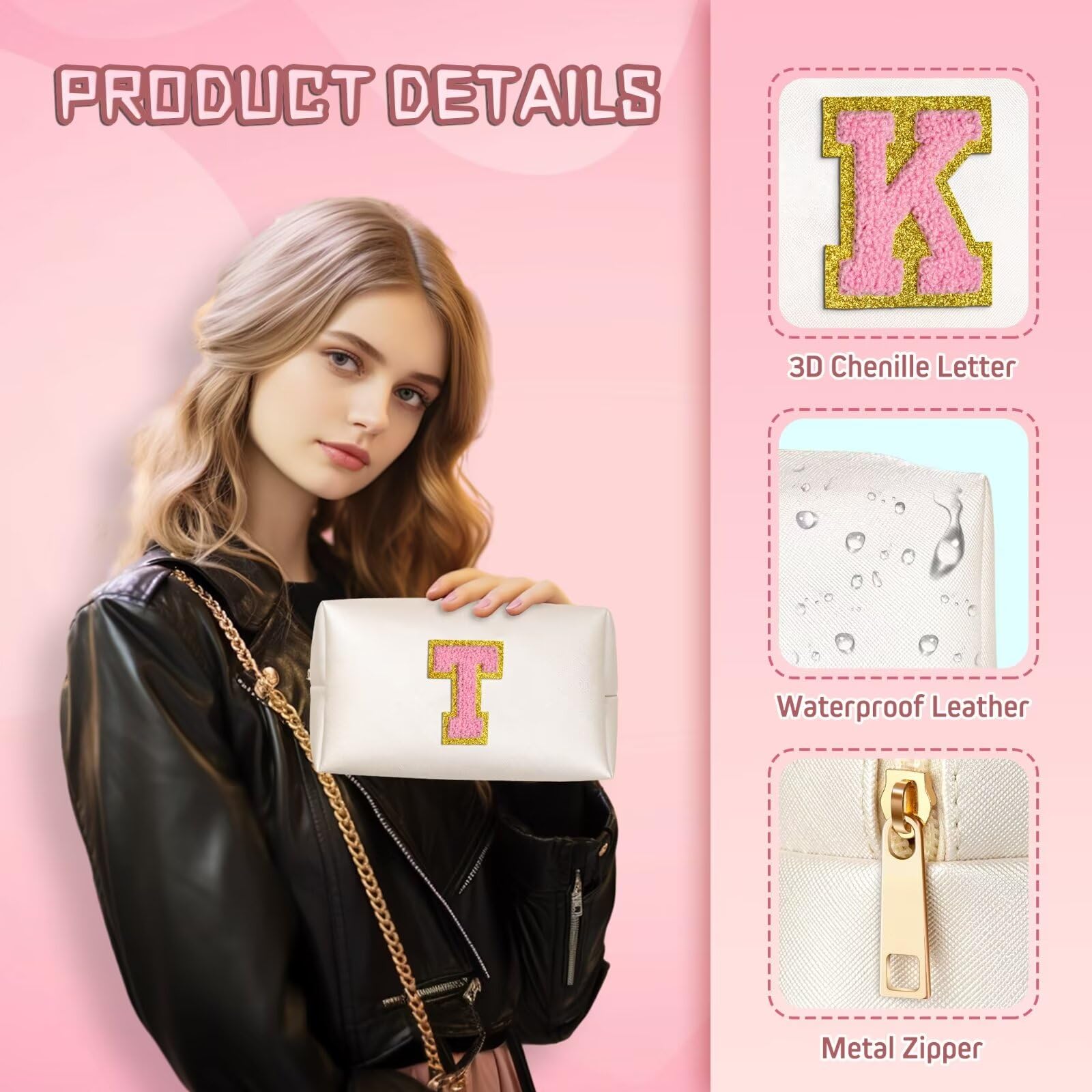 TOPEAST Travel Makeup Bag, Personalized Initial Toiletry Bag w Zipper, Cute Makeup Pouch, PU Leather Waterproof Cosmetic Bag, Birthday Gift for Daughter, Preppy Things for Girls (Pearly White G)