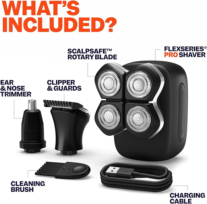 Freebird Electric Head & Body Hair Shaver - Mens Cordless Waterproof Razor with Rotary Blades (FlexSeries Pro, Shaver Kit)
