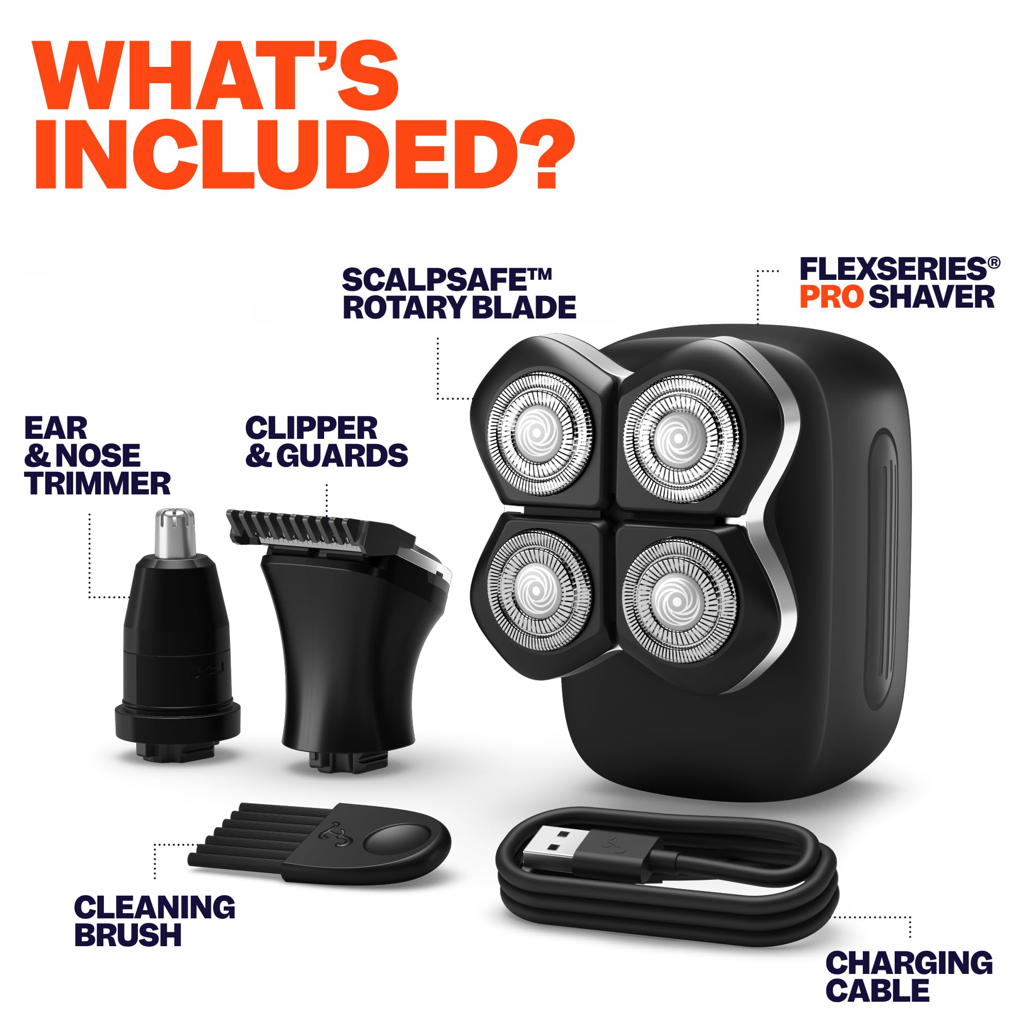 Freebird Electric Head & Body Hair Shaver - Mens Cordless Waterproof Razor with Rotary Blades (FlexSeries Pro, Shaver Kit)