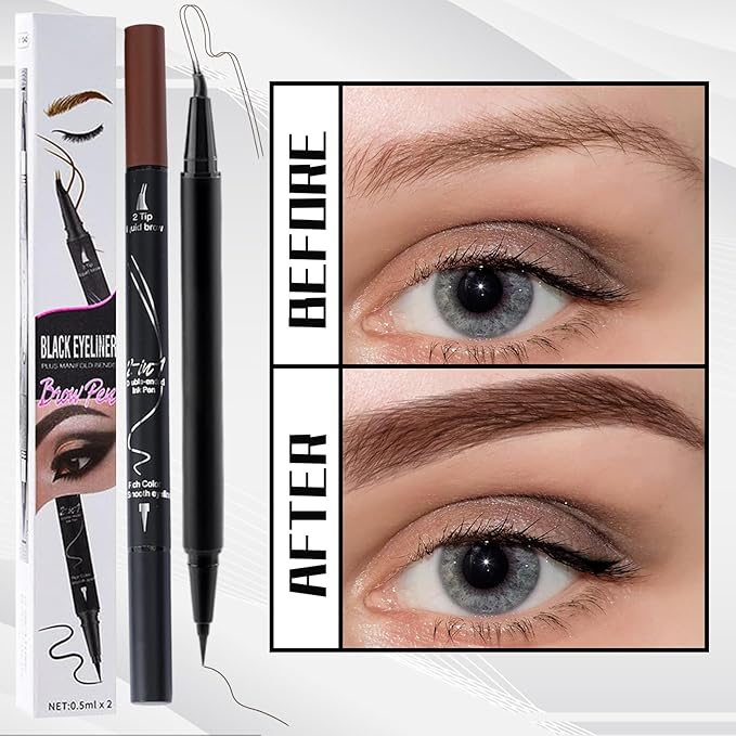 Curved 2 Tip Eyebrow Pen-Light Brown Eyebrow Pencil With Black Eyeliner 2-in-1 Dual-Ended Create Natural Hair-Like Brows,Waterproof.Smudge Proof,Long Lasting All-Day