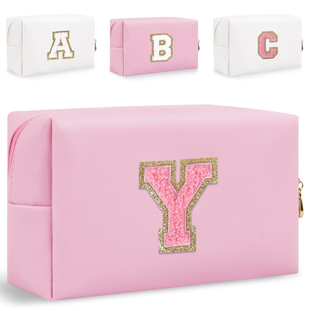HENGNI Small Personalized Glitter Initial Letter Makeup Bag, Cute PU Leather Chenille Letters Cosmetic Bag Travel Makeup Pouch, Preppy Travel Organizer Zipper Pouch for Women&Girls（PinkPink-Y）