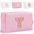 HENGNI Small Personalized Glitter Initial Letter Makeup Bag, Cute PU Leather Chenille Letters Cosmetic Bag Travel Makeup Pouch, Preppy Travel Organizer Zipper Pouch for Women&Girls（PinkPink-Y）