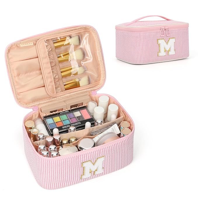 OCHEAL Makeup Bag for Women, Monogram Cosmetic Bag Pink Travel Makeup Case Beauty Toiletry Bag Organizer Personalized Gifts for Girls Bridesmaid, Sister, Wife, Friends Initial M