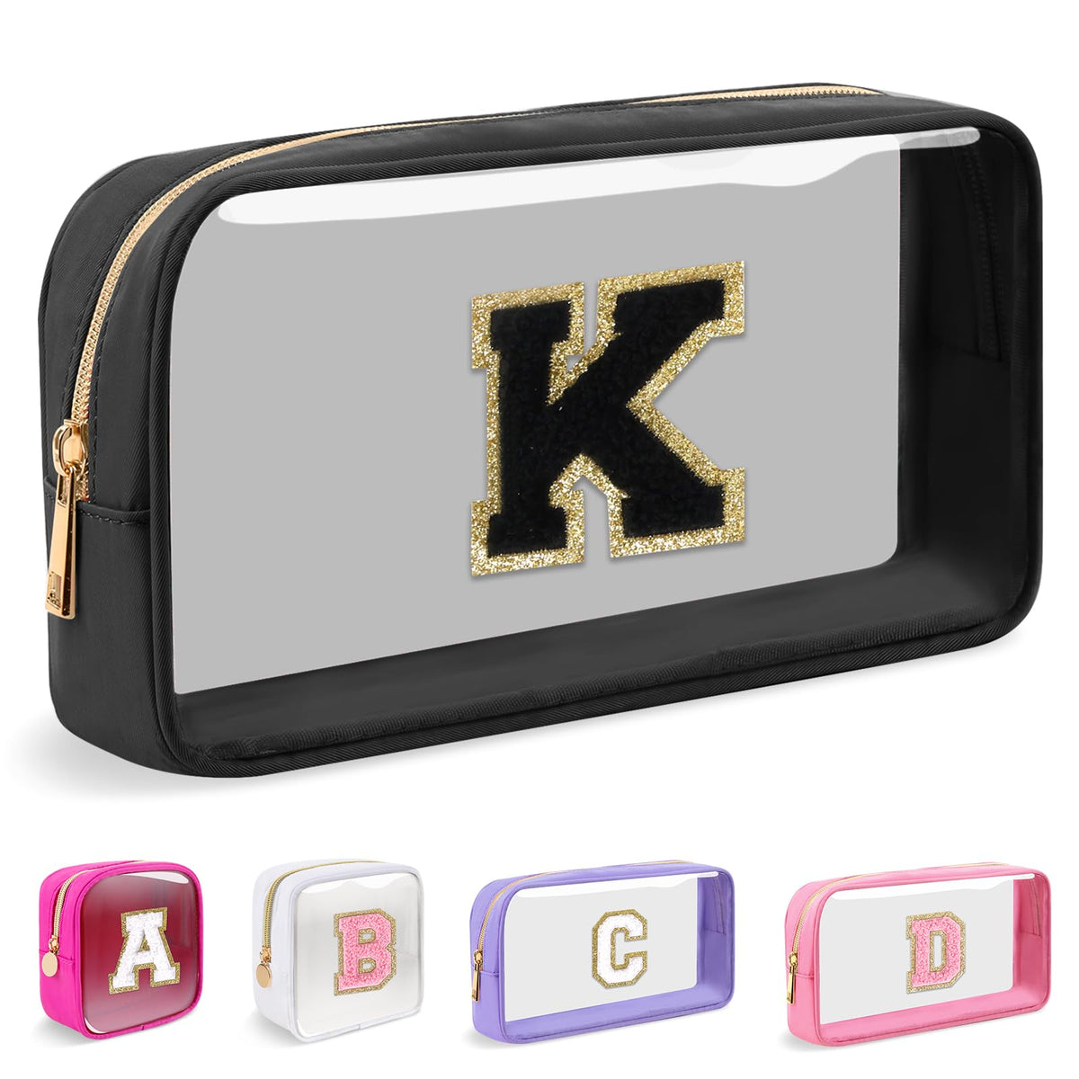 Small Clear Personalized Initial Makeup Bag,Nylon Preppy A-Z Chenille Letter Patch Cosmetic Pouch Beach Toiletry Bag,Waterproof Zipper Travel Purse Storage Bag Organizer for Women Girls(Beige-White K)