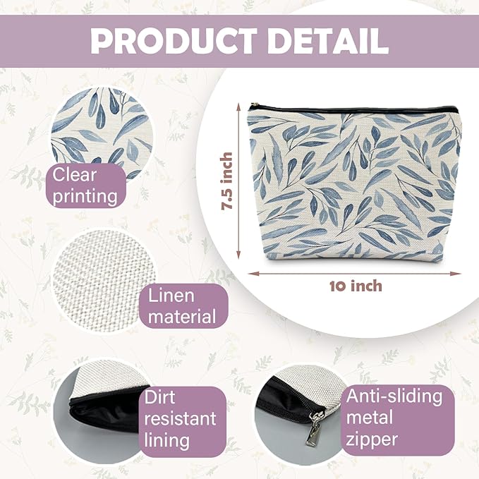 RYYCDOI Blue Floral Makeup Bag Pouch, Blue and White Chinoiserie Makeup Pouch, Floral Cosmetic Bag, Boho Botanical Leaves Cosmetic Bag for Women