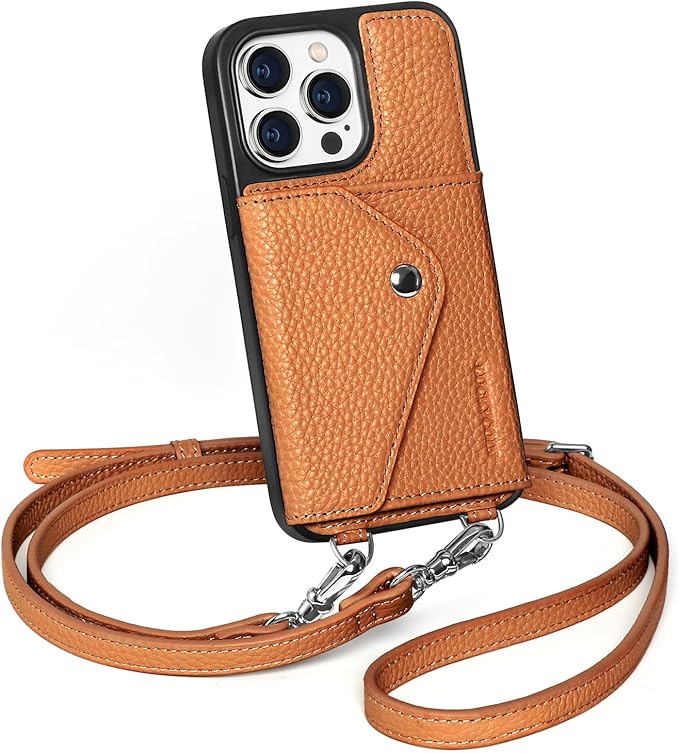 LUCKYCOIN Crossbody Phone Case for iPhone 15 Pro,100% Genuine Leather Phone Wallet Case for Women, Premium Hands-Free Phone Purse with Expandable Flip Card Holder & Adjustable Strap - Pebble Brown
