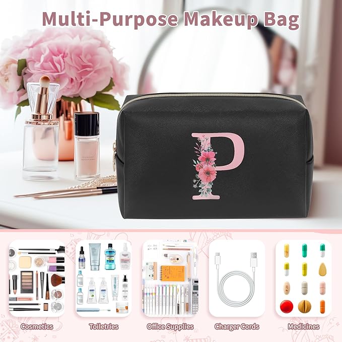 Initial Makeup Bag for Women, Travel Makeup Bag Small Cosmetic Bag, Birthday Gifts for Girls and Women, Teen Girls Gifts Trendy Stuff, Personalized Gifts for Grandkids Teacher Friends Bride Bridesmaid