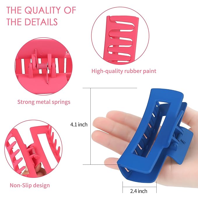 Sisiaipu 4 Inch Big Hair Claw Clips 6 Pcs Large Claw for Thick Hair Square Hair Clips for Women Rectangle Hair Clips Nonslip Acrylic Banana Jaw Clips Hair Accessories for Girls (Dopamine)