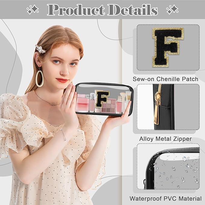 UIXIZQ Personalized Initial Letter Clear Makeup Bag,Preppy Small Nylon&PVC Cosmetic Zipper Bag with Chenille Letter,Travel Skincare Toiletry Bag,Monogram Christmas Gift for Teen Girls Women,F