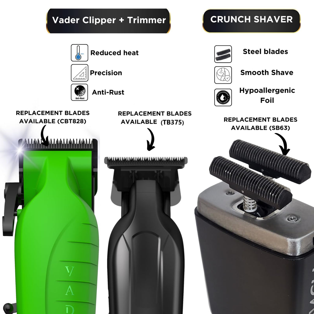 Supreme Trimmer 3-in-1 Barber Kit | Vader Clipper, Vader Trimmer & Crunch Foil Shaver | Men's Professional Beard Trimmer, Brushless Motor Clippers & Waterproof IPX6 Shaver | Acid