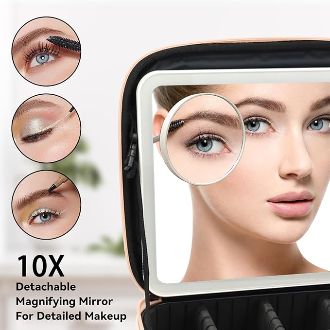 SLUMAZI Travel Makeup Bag with LED Mirror and 10x magnifying glass with 3 Lighted Settings, Adjustable Dividers and Makeup Brush Storage Bag Khaki