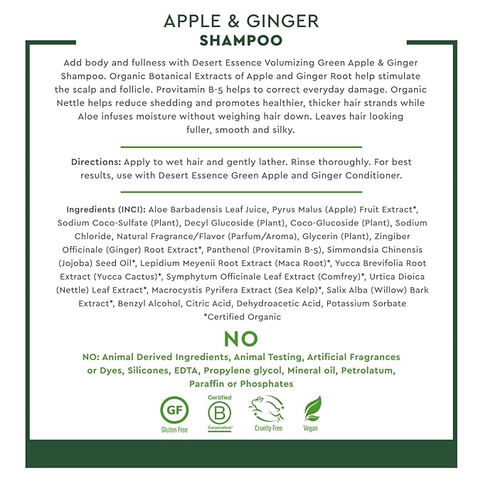 Desert Essence Green Apple and Ginger, Volumizing Shampoo, 8 oz