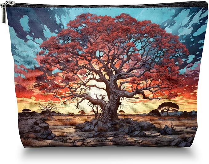 Scribesense Makeup Bag Travel Cosmetic Bags Small Makeup Case Waterproof Zipper Pouch for Women Girls 7X9inches - Gigantic Red Tree Against A Colorful Sky