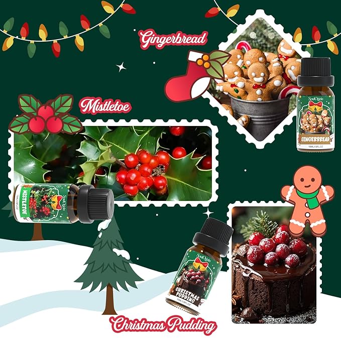 Soulorigin Christmas Essential Oils Set, Fragrance Oil Set for Diffuser, Scent Diffuser Oil for Candle Making-Christmas Cake, Eggnog, Candy Canes, Gingerbread, Mistletoe, Christmas Pudding