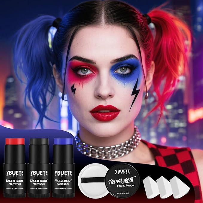 YBUETE Red Black Blue Face Body Paint Stick Set for Halloween Cosplay SFX