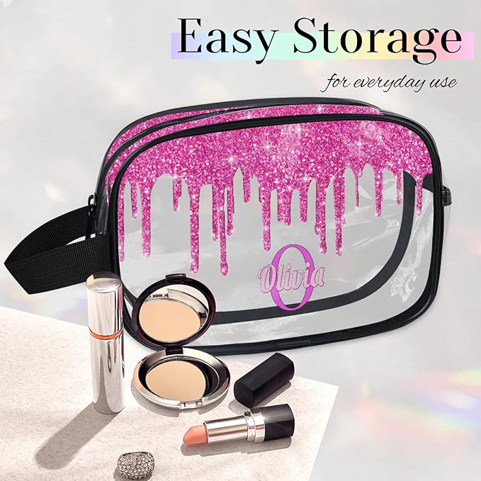 KFNHN Custom Name Transparent Makeup Bag Travel, Clear Toiletry Bag Travel Large Capacity PVC Cosmetic Container Organizer for Shampoo, Deep Pink Water Fluid Shape Glittering
