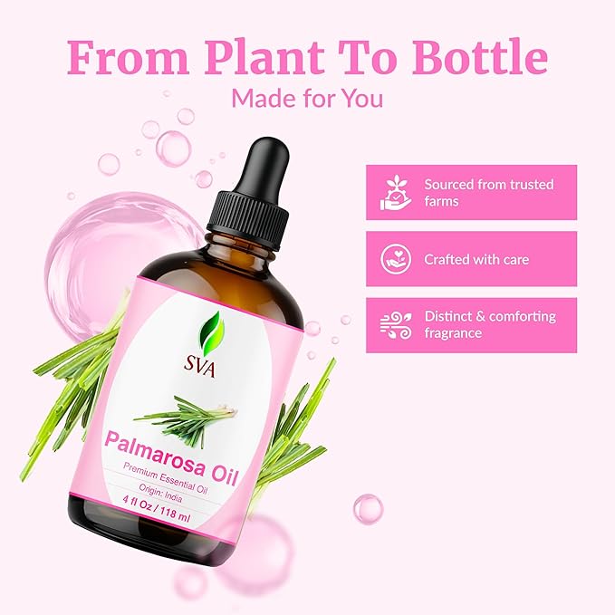 SVA Palmarosa Essential Oil, Glass Bottle with Dropper, 4 Fl Oz (118 ml)