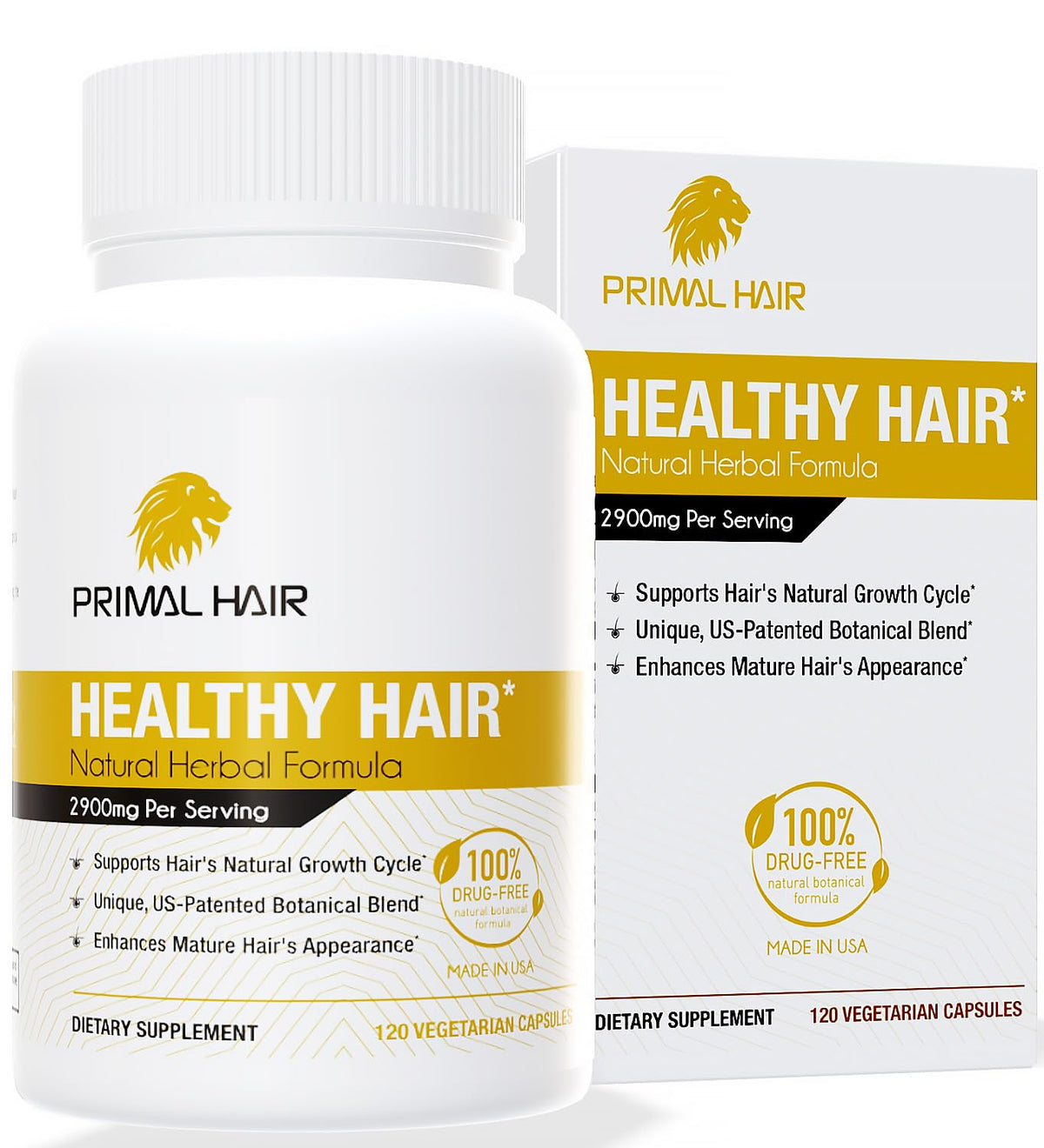 PRIMAL HAIR Natural Hair Growth Supplement for Men & Women - US Patented Botanical Formula for Thicker Fuller Hair - Anti-Hair Loss & Scalp Wellness - 100% Vegan, Non-GMO - 120ct (30-Day Supply)