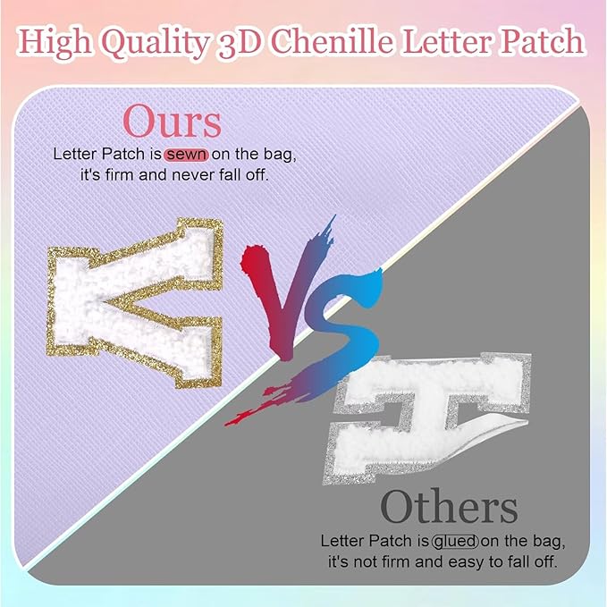 Small Personalized Letter Makeup Bag, Cute PU Leather Chenille Letters Cosmetic Bag Travel Makeup Pouch, Preppy Travel Organizer Zipper Pouch for Women&Girls（Purple-Q）