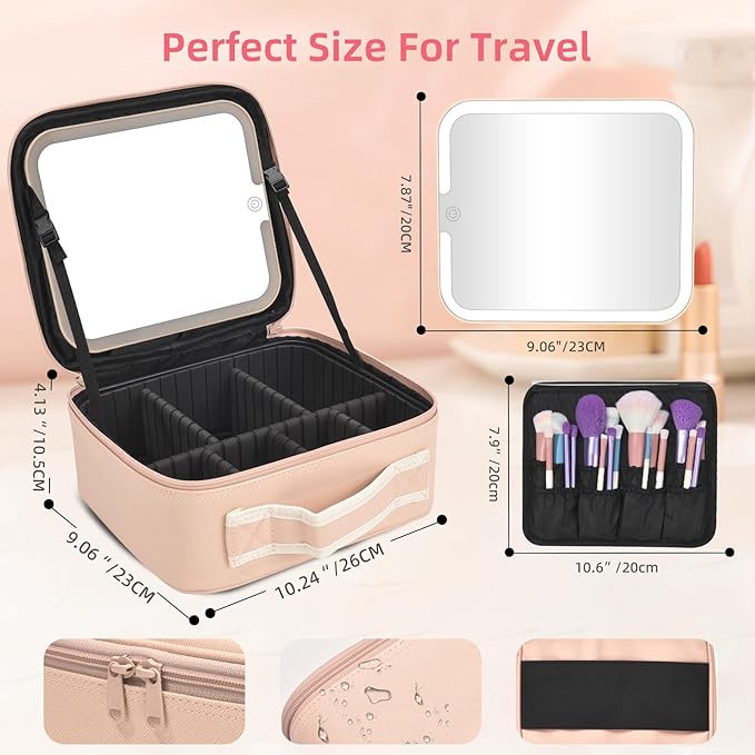 Yaliang Travel Makeup Bag, Portable Makeup Case with LED Mirror, Removable Mirror with 3 Color Modes, 8 Adjustable EVA Dividers for Brushes Toiletry Jewelry Digital Accessories, Hot Pink