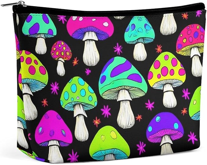 Meaudiwes Fashion Zipper Cosmetic Case, Portable Makeup Case, Personality Toiletry Bag, Travel Cosmetic Toiletry Bag Trippy Magic Neon Mushrooms