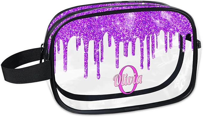 KFNHN Personalized Name Clear Toiletry Bag, Large Travel PVC Cosmetic Bag Portable Makeup Organizer Bag for Women Bathroom Shower Essentials, Dark Voilet Purple Fluid Shape Glittering