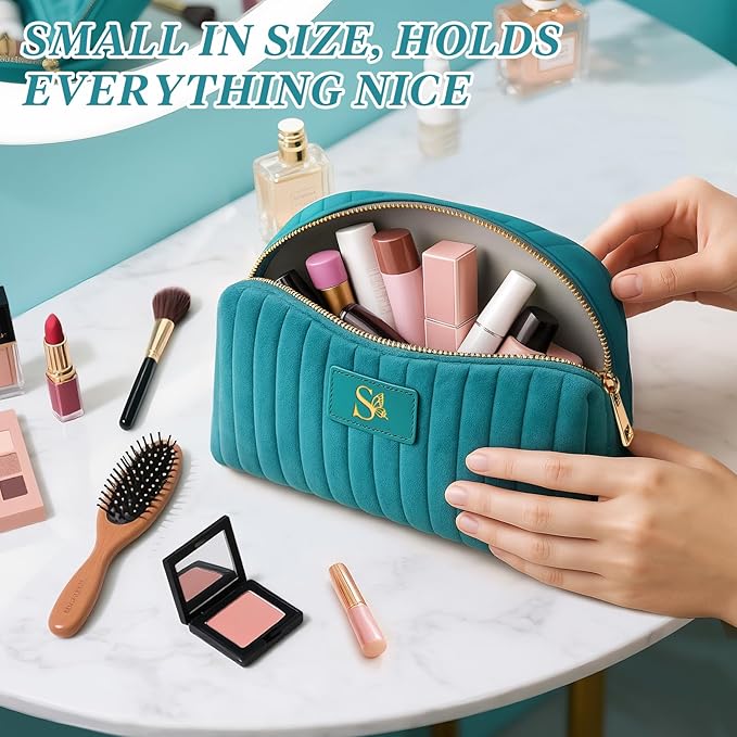 Monogrammed Make Up Bags for Women,Personalized Cosmetic Bags Women,Small Quilted Makeup Pouch,Cute Makeup Bag Travel,Birthday Gifts for Teen Girl (Blue S)