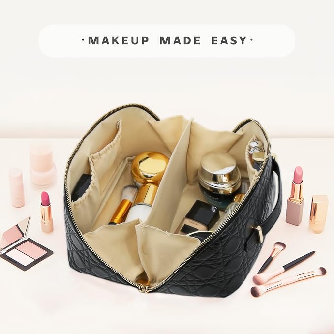 JINYIBAGS Travel Makeup Bag – Large Cosmetic Organizer with Waterproof PU Leather, Smooth Double Zipper & Tear-Resistant Lining, Toiletry Pouch for Women (Black)