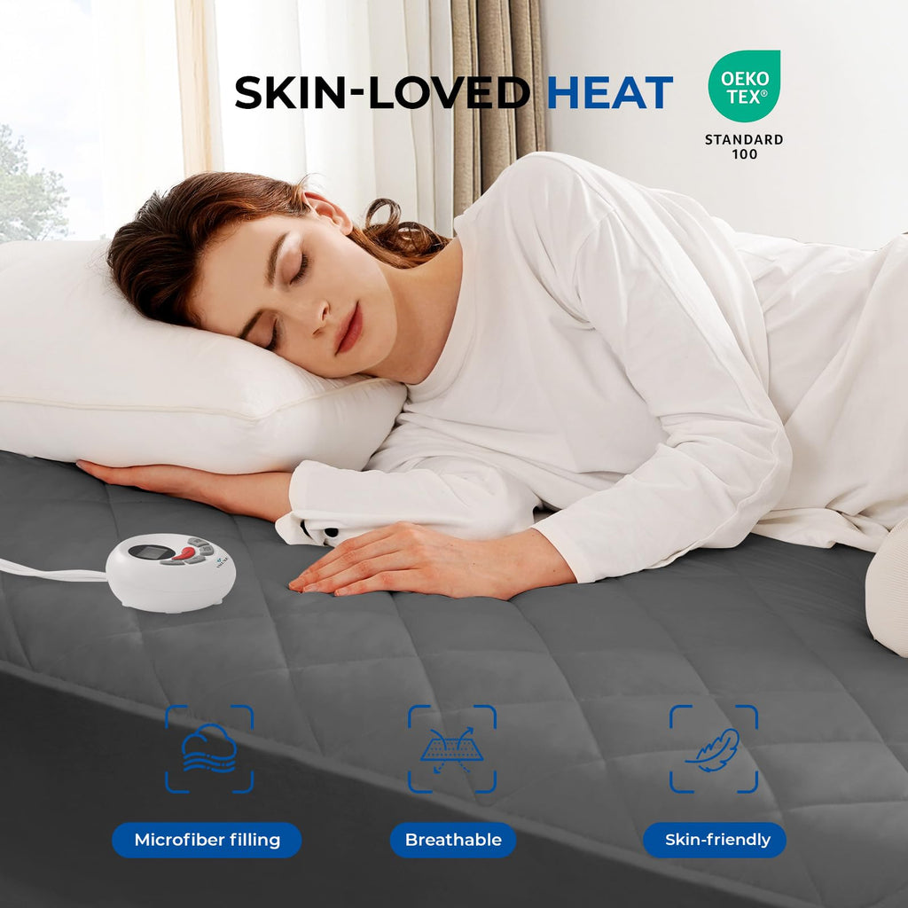 Heated Mattress Pad Twin Size Quilted Heating Electric Bed Warmer Luxury Comfort Heat Mattress Pad Cover Single Controller（12 Heat Setting | 1-12 Hours Auto Shut Off | with 8-21 Inch Deep Pocket）Gray