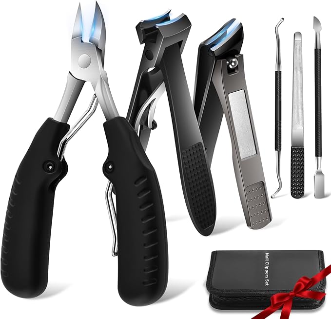 Zonku Toenail Clippers for Seniors Ingrown Thick Nails,Heavy Duty Super Sharp Podiatrist Wide Jaw Nail Clippers Set for Men Women,Large Nail Cutter Long Handle with Slanted Curved Blade,6PCS