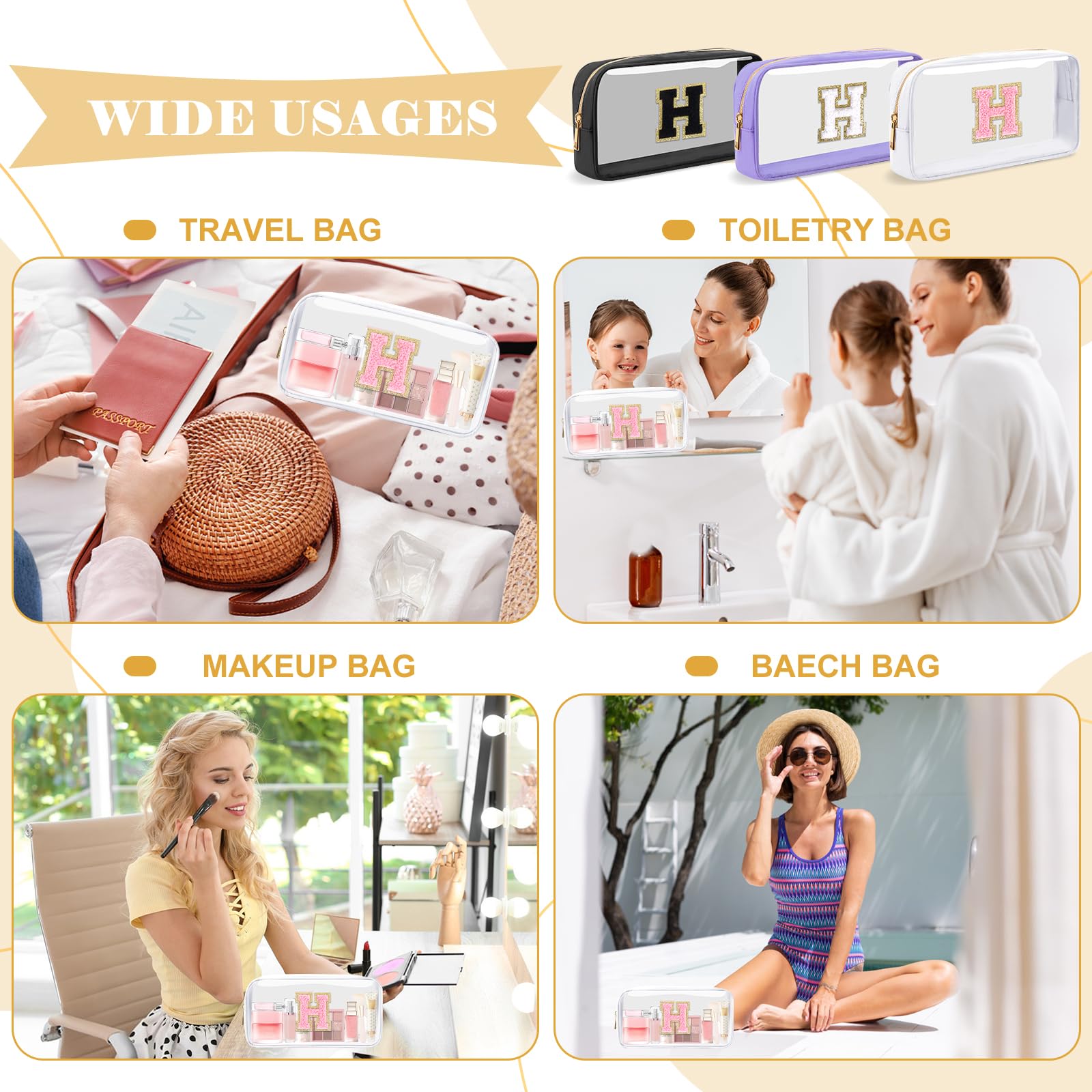 UIXIZQ Personalized Initial Letter Clear Makeup Bag,Preppy Small Nylon&PVC Cosmetic Zipper Bag with Chenille Letter,Travel Skincare Toiletry Bag,Monogram Christmas Gift for Teen Girls Women,H