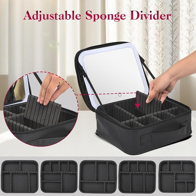 Yaliang Travel Makeup Bag with Mirror & 8 Adjustable EVA Dividers, Black